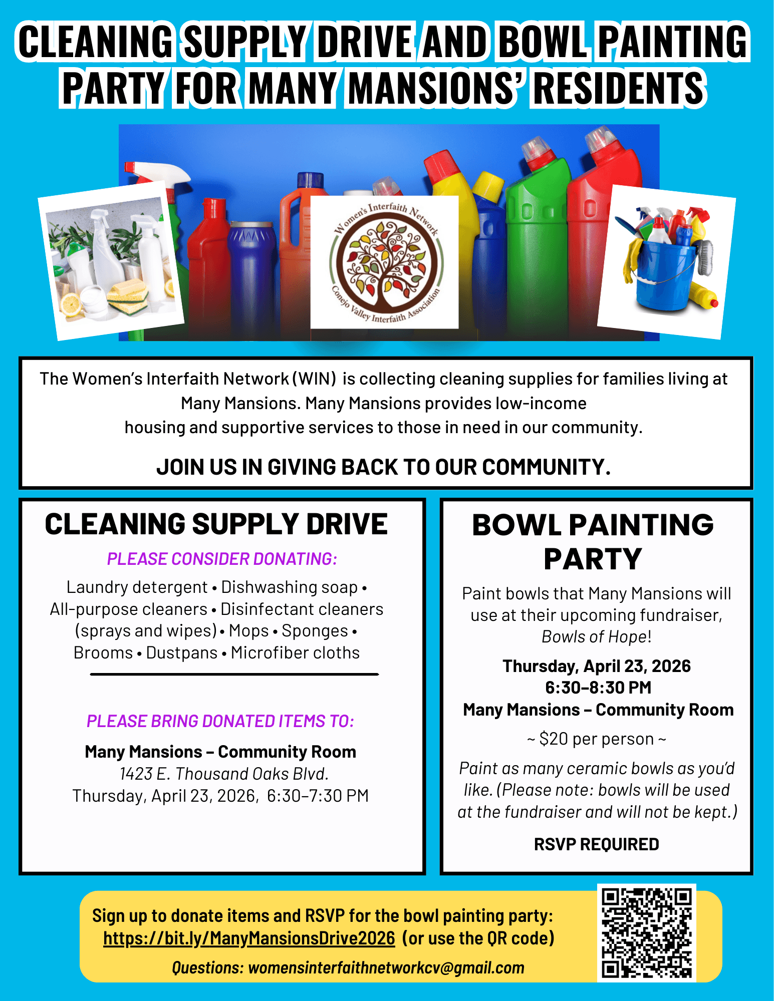 Cleaning Supplies Drive - Many Mansions flyer
